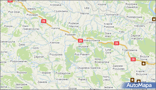 mapa Wysokie gmina Limanowa, Wysokie gmina Limanowa na mapie Targeo