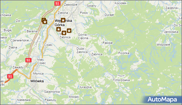 mapa Żabnica gmina Węgierska Górka, Żabnica gmina Węgierska Górka na mapie Targeo