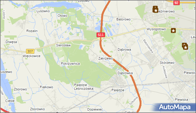 mapa Zakrzewo gmina Dopiewo, Zakrzewo gmina Dopiewo na mapie Targeo
