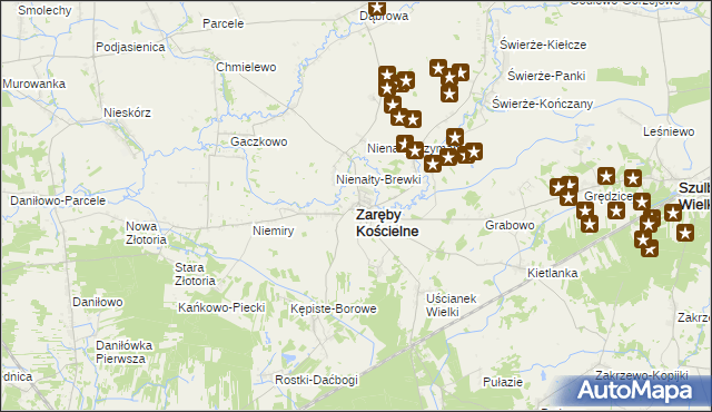 mapa Zaręby Kościelne, Zaręby Kościelne na mapie Targeo