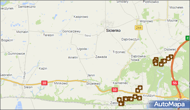 mapa Zawada gmina Sicienko, Zawada gmina Sicienko na mapie Targeo