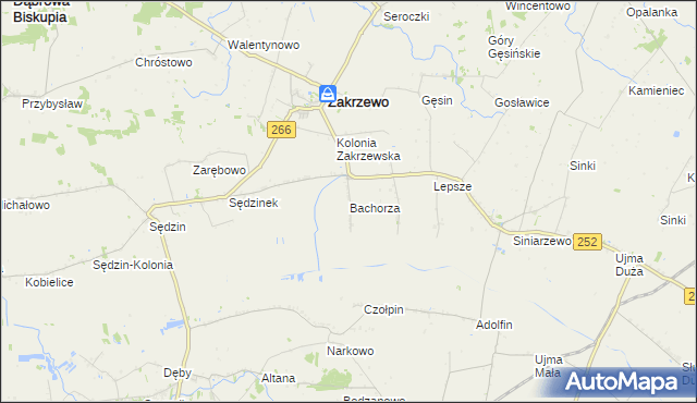 mapa Bachorza gmina Zakrzewo, Bachorza gmina Zakrzewo na mapie Targeo