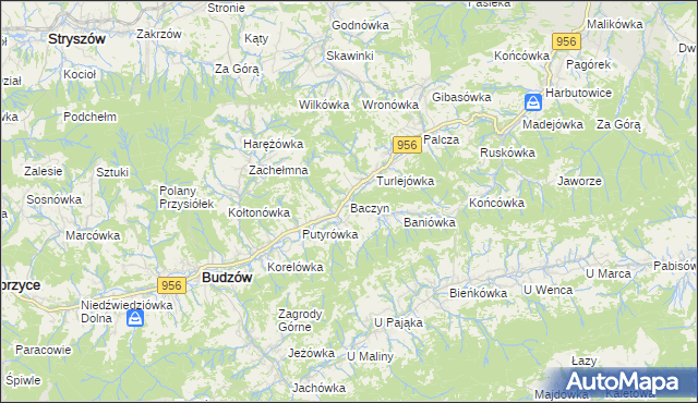 mapa Baczyn gmina Budzów, Baczyn gmina Budzów na mapie Targeo