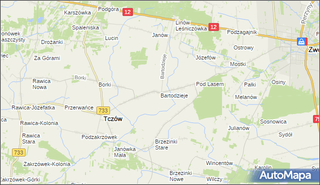 mapa Bartodzieje gmina Tczów, Bartodzieje gmina Tczów na mapie Targeo