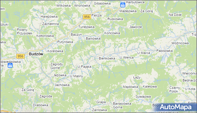 mapa Bieńkówka gmina Budzów, Bieńkówka gmina Budzów na mapie Targeo