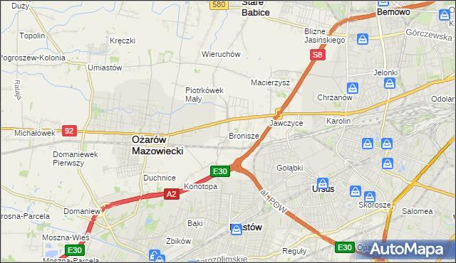 mapa Bronisze gmina Ożarów Mazowiecki, Bronisze gmina Ożarów Mazowiecki na mapie Targeo