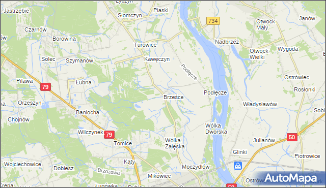 mapa Brześce gmina Góra Kalwaria, Brześce gmina Góra Kalwaria na mapie Targeo