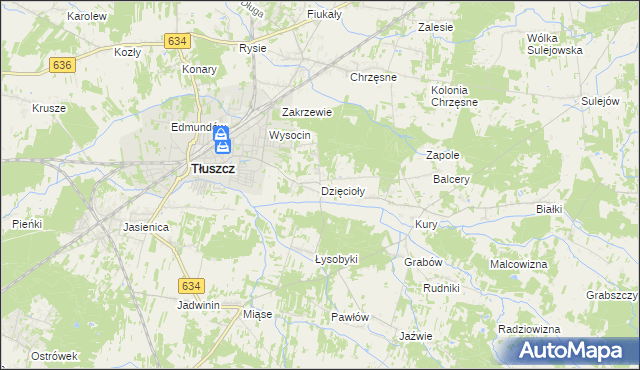 mapa Dzięcioły gmina Tłuszcz, Dzięcioły gmina Tłuszcz na mapie Targeo