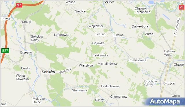 mapa Feliksówka gmina Sobków, Feliksówka gmina Sobków na mapie Targeo