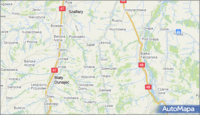 mapa Groń gmina Bukowina Tatrzańska, Groń gmina Bukowina Tatrzańska na mapie Targeo