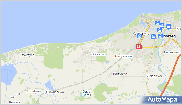 mapa Grzybowo gmina Kołobrzeg, Grzybowo gmina Kołobrzeg na mapie Targeo