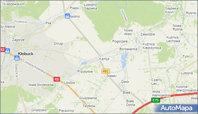 mapa Kamyk gmina Kłobuck, Kamyk gmina Kłobuck na mapie Targeo