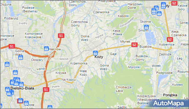 mapa Kozy powiat bielski, Kozy powiat bielski na mapie Targeo