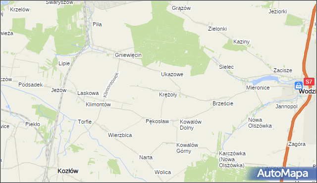 mapa Krężoły gmina Wodzisław, Krężoły gmina Wodzisław na mapie Targeo