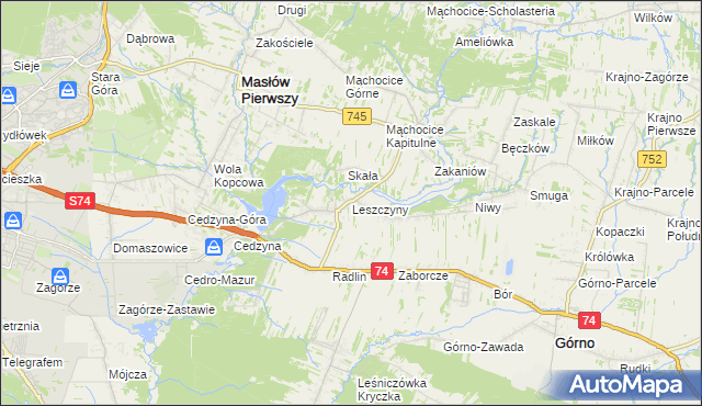 mapa Leszczyny gmina Górno, Leszczyny gmina Górno na mapie Targeo