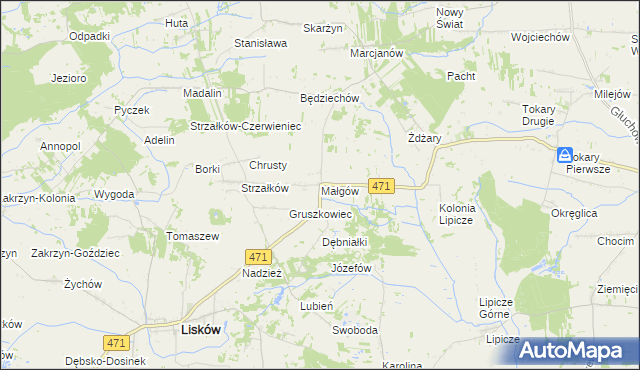 mapa Małgów gmina Lisków, Małgów gmina Lisków na mapie Targeo