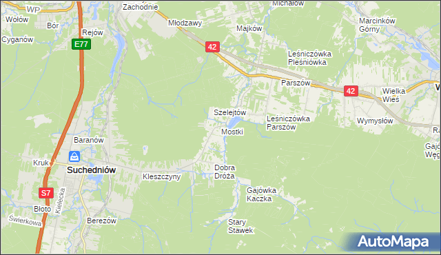 mapa Mostki gmina Suchedniów, Mostki gmina Suchedniów na mapie Targeo