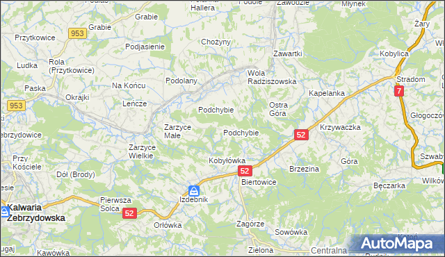 mapa Podchybie gmina Lanckorona, Podchybie gmina Lanckorona na mapie Targeo