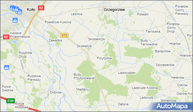 mapa Przybyłów gmina Koło, Przybyłów gmina Koło na mapie Targeo