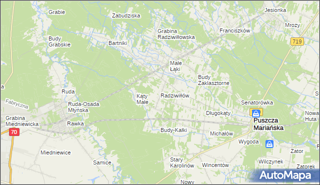 mapa Radziwiłłów gmina Puszcza Mariańska, Radziwiłłów gmina Puszcza Mariańska na mapie Targeo