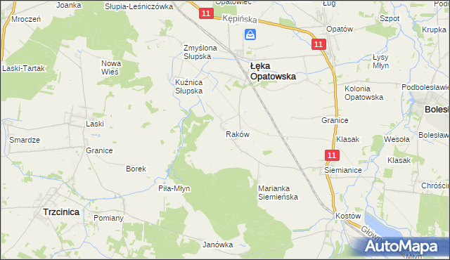 mapa Raków gmina Łęka Opatowska, Raków gmina Łęka Opatowska na mapie Targeo