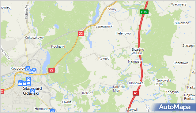 mapa Rywałd gmina Starogard Gdański, Rywałd gmina Starogard Gdański na mapie Targeo