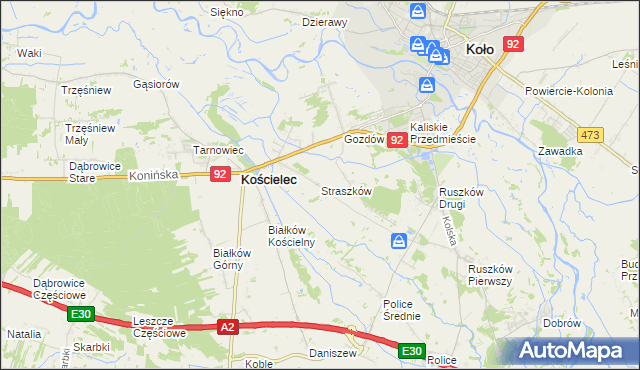 mapa Straszków gmina Kościelec, Straszków gmina Kościelec na mapie Targeo