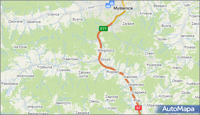 mapa Stróża gmina Pcim, Stróża gmina Pcim na mapie Targeo