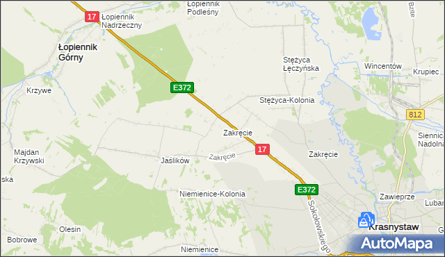 mapa Zakręcie gmina Krasnystaw, Zakręcie gmina Krasnystaw na mapie Targeo