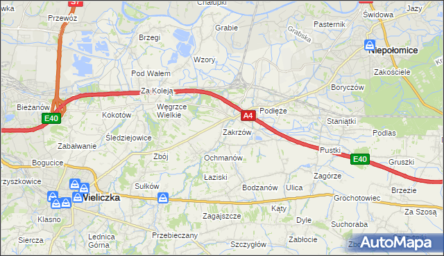 mapa Zakrzów gmina Niepołomice, Zakrzów gmina Niepołomice na mapie Targeo