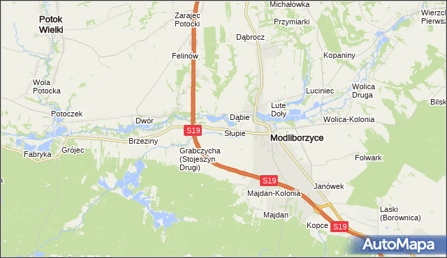 mapa Słupie gmina Modliborzyce, Słupie gmina Modliborzyce na mapie Targeo