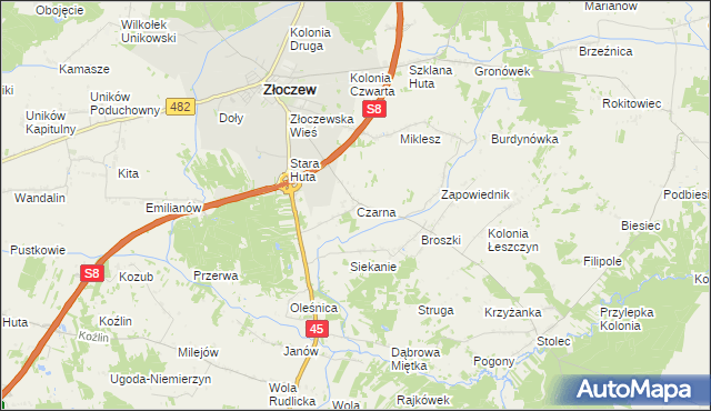 mapa Czarna gmina Złoczew, Czarna gmina Złoczew na mapie Targeo