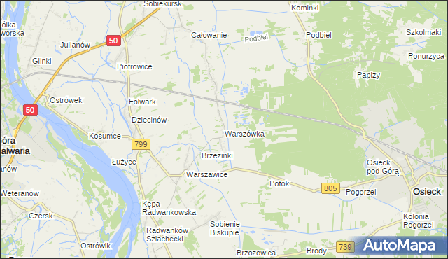 mapa Warszówka gmina Sobienie-Jeziory, Warszówka gmina Sobienie-Jeziory na mapie Targeo