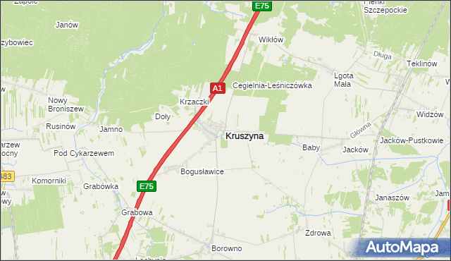 mapa Kruszyna powiat częstochowski, Kruszyna powiat częstochowski na mapie Targeo