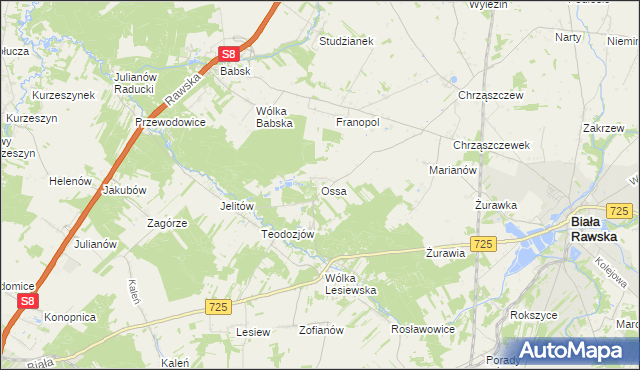 mapa Ossa gmina Biała Rawska, Ossa gmina Biała Rawska na mapie Targeo