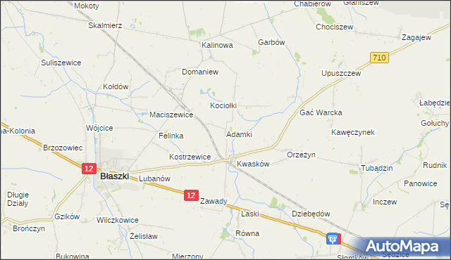 mapa Adamki gmina Błaszki, Adamki gmina Błaszki na mapie Targeo