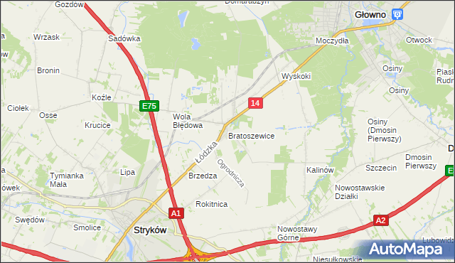 mapa Bratoszewice, Bratoszewice na mapie Targeo