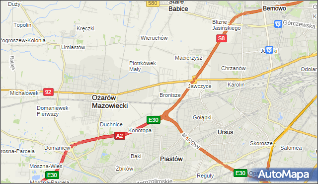 mapa Bronisze gmina Ożarów Mazowiecki, Bronisze gmina Ożarów Mazowiecki na mapie Targeo