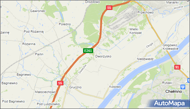 mapa Dworzysko gmina Świecie, Dworzysko gmina Świecie na mapie Targeo
