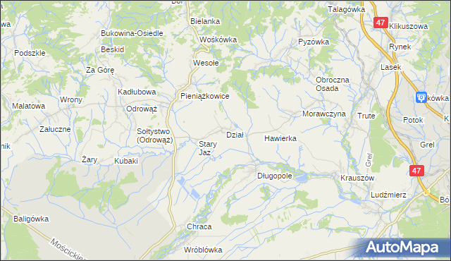 mapa Dział gmina Czarny Dunajec, Dział gmina Czarny Dunajec na mapie Targeo