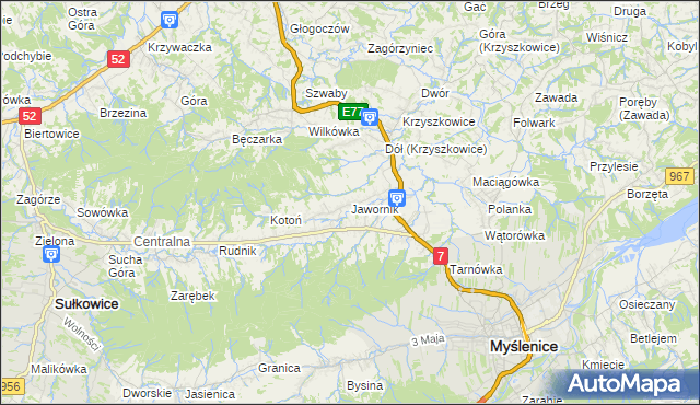 mapa Jawornik gmina Myślenice, Jawornik gmina Myślenice na mapie Targeo