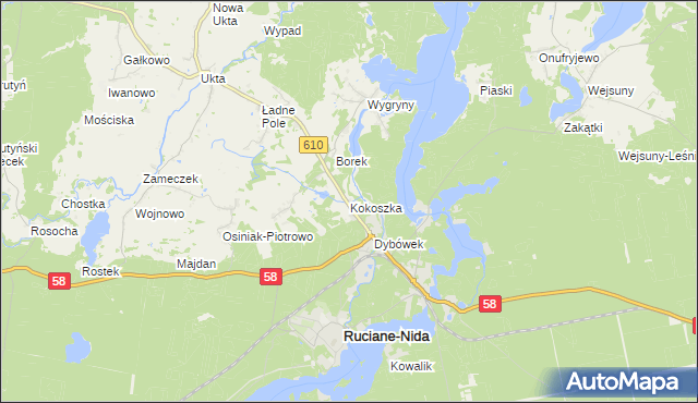 mapa Kokoszka gmina Ruciane-Nida, Kokoszka gmina Ruciane-Nida na mapie Targeo