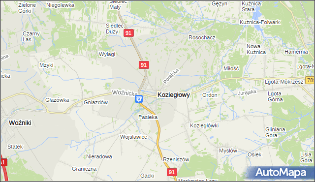 mapa Koziegłowy powiat myszkowski, Koziegłowy powiat myszkowski na mapie Targeo