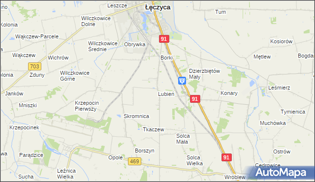 mapa Lubień gmina Łęczyca, Lubień gmina Łęczyca na mapie Targeo