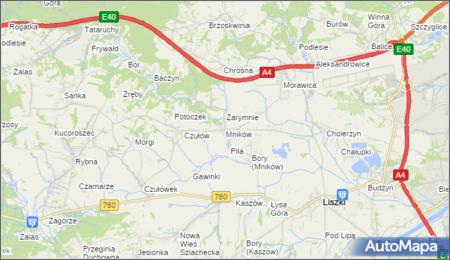 mapa Mników gmina Liszki, Mników gmina Liszki na mapie Targeo