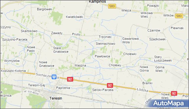 mapa Pawłowice gmina Teresin, Pawłowice gmina Teresin na mapie Targeo