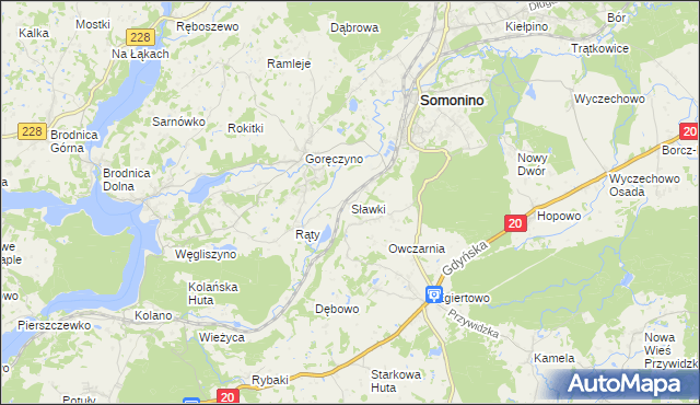mapa Sławki gmina Somonino, Sławki gmina Somonino na mapie Targeo