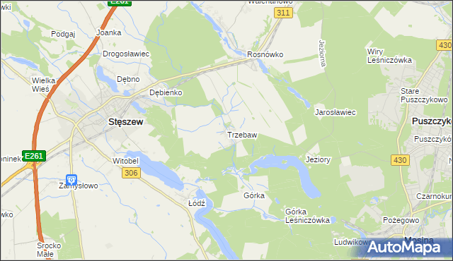 mapa Trzebaw gmina Stęszew, Trzebaw gmina Stęszew na mapie Targeo