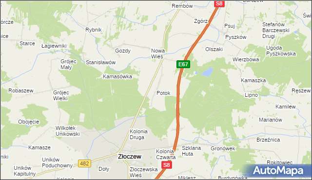 mapa Potok gmina Złoczew, Potok gmina Złoczew na mapie Targeo