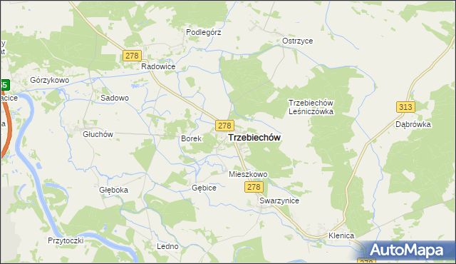 mapa Trzebiechów powiat zielonogórski, Trzebiechów powiat zielonogórski na mapie Targeo